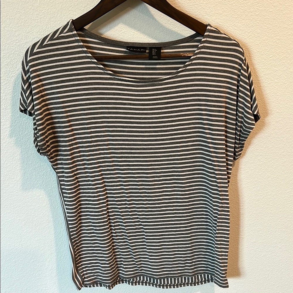 Gray and White Striped T-Shirt Relaxed Fit Crew Neck
